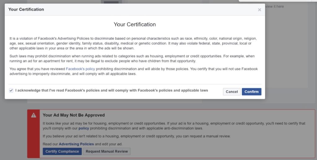 Certification of Facebook Ad Policies