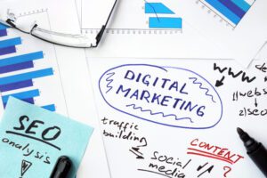Digital marketing concepts drawn out on a desk
