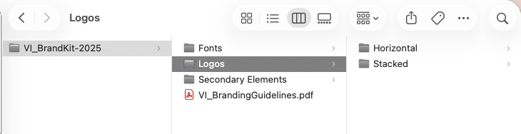 A computer file directory showing folders for Fonts, Logos, and Secondary Elements within VI_BrandKit-2025. The Logos folder is open, displaying subfolders labeled Horizontal and Stacked, plus a branding guidelines PDF.