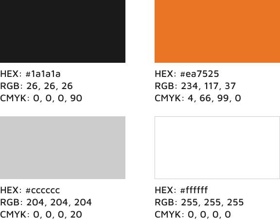 Four color swatches with codes: dark gray (#1a1a1a), orange (#ea7525), light gray (#cccccc), and white (#ffffff). Each swatch shows HEX, RGB, and CMYK values below the color.