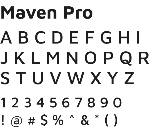 Sample of the Maven Pro font showing uppercase letters A-Z, numbers 0-9, and common symbols on a light background. The text Maven Pro appears at the top in bold.