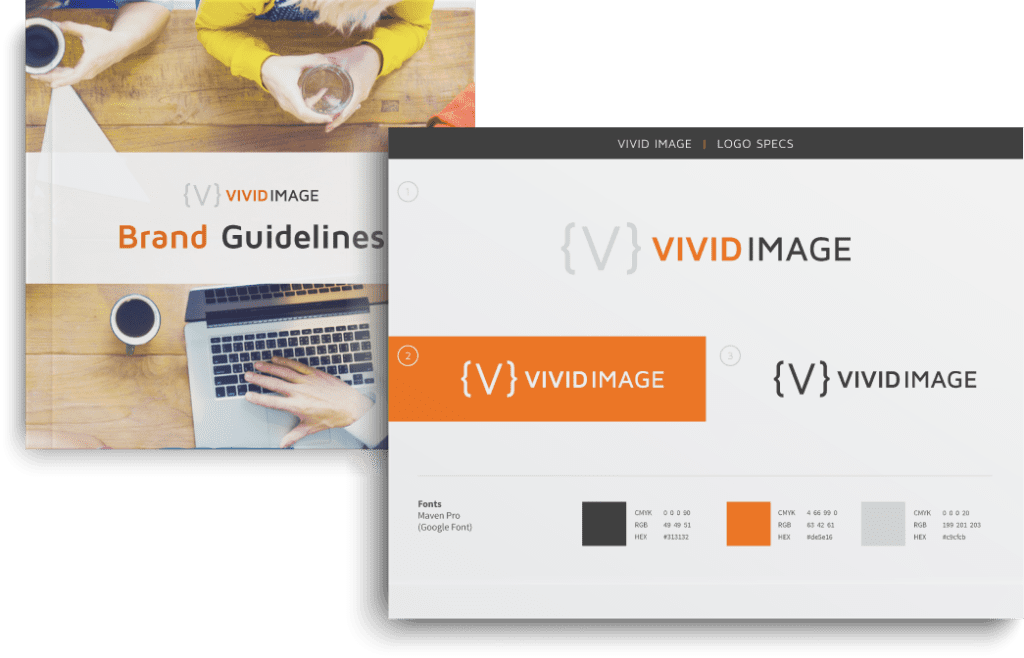 Two overlapping pages of a brand guidelines document for Vivid Image; one shows people working at a table with laptops and coffee, the other displays logo specs, colors, and font details.