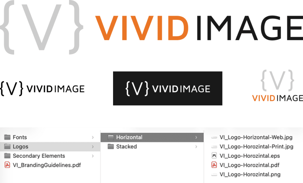 Screenshot displaying logo design files for VIVID IMAGE, featuring a stylized curly bracket symbol. Various file folders and logo variations in different colors and layouts are shown on a light background.