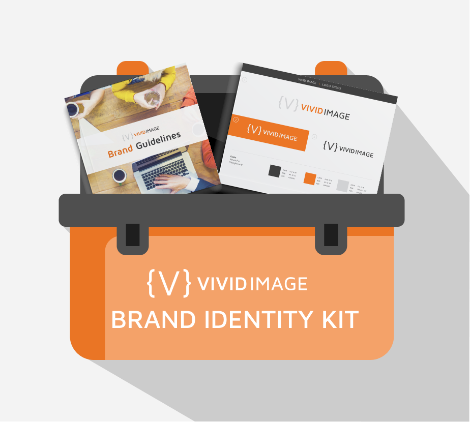 An orange and gray toolbox labeled Vivid Image Brand Identity Kit contains brand guideline booklets and brand color/style sheets. The design is modern and uses white, orange, and gray tones.