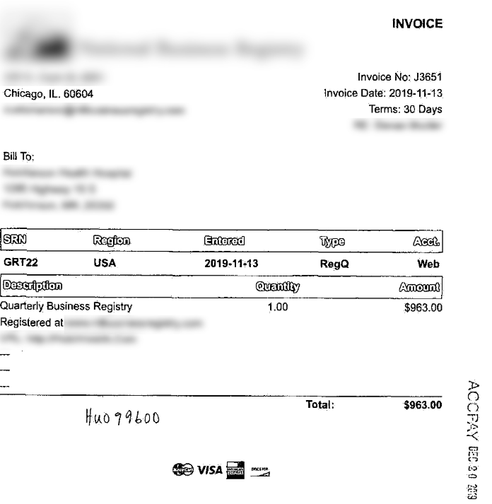 A black and white Directory Invoice showing a $963.00 charge for a quarterly business registry, with fields for invoice number, date, SRN, and payment details at the bottom.