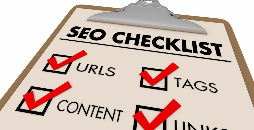 A clipboard with SEO Checklist at the top, showing checked boxes labeled URLs, Tags, Content, and Links—highlighting key steps that impact SEO.