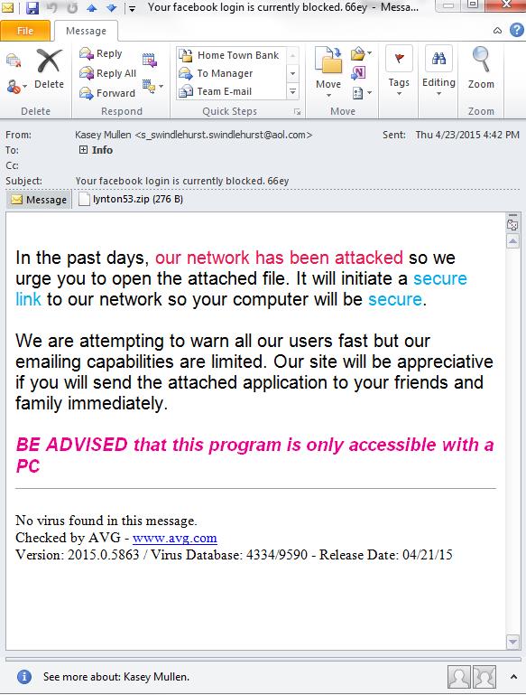 A phishing email warns of a network attack and urges the recipient to open an attached file to secure their computer, claiming the program provides malware protection but only works on PC.