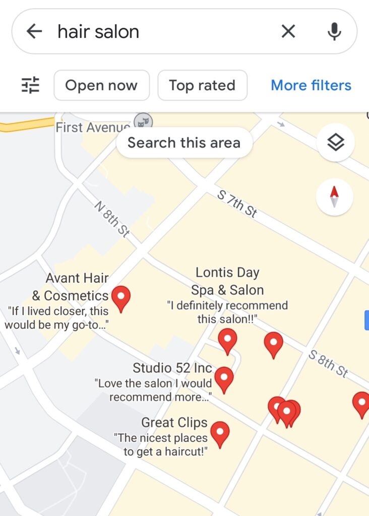 Google Maps with Reviews of businesses from customers