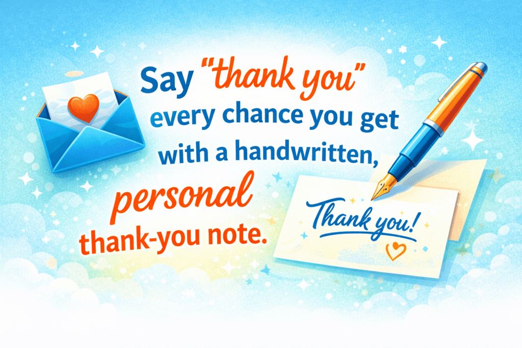 An illustration of an envelope with a heart, a blue and orange pen, and a note reading Thank you! Text says: Say thank you every chance you get—a handwritten, personal thank-you note is one of the best marketing tips.