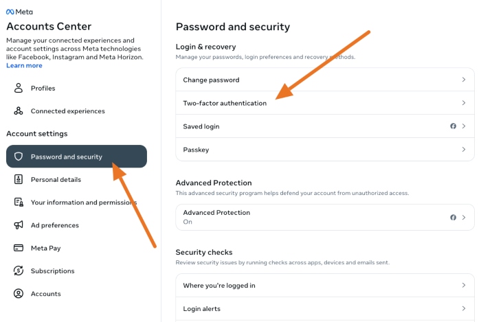 Facebook Two-Factor authentication settings.