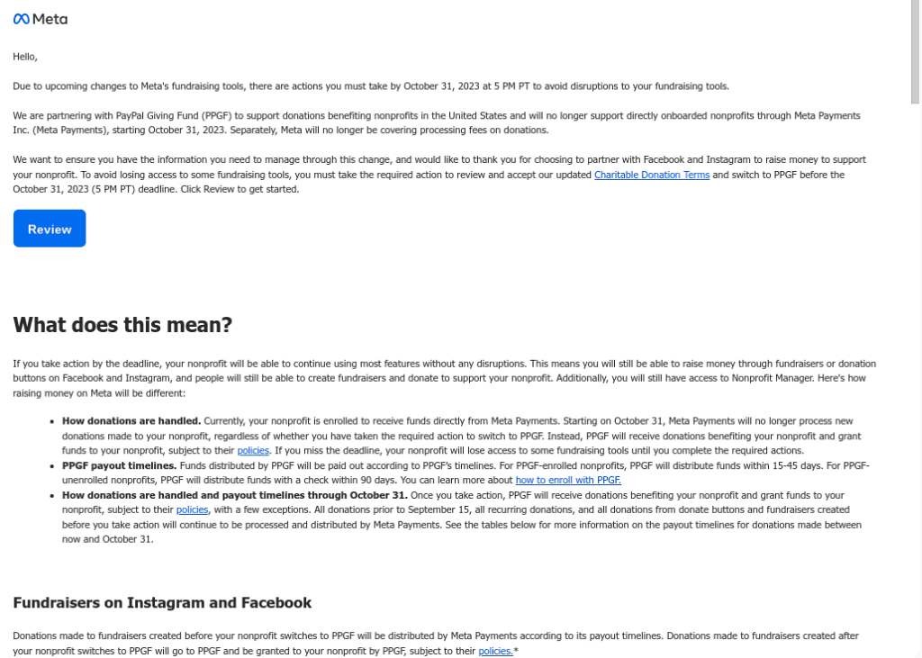 fb notification regarding non-profit fundraising changes