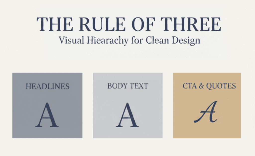 Graphic titled The Rule of Three: Visual Hierarchy for Clean Design highlights the impact of fonts in design, featuring three boxes—Headlines, Body Text, and CTA & Quotes—each showcasing a unique font style.