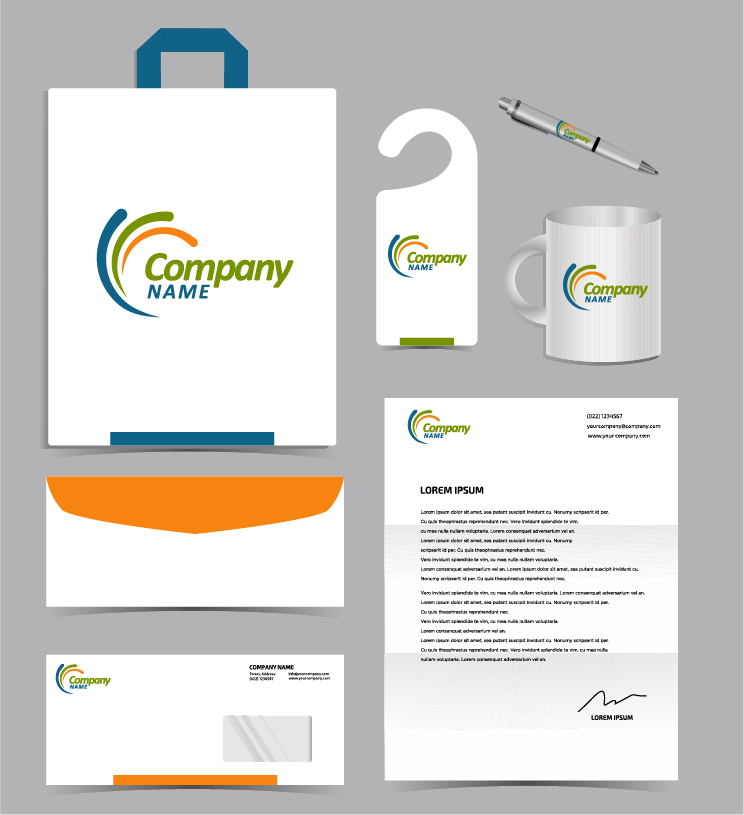 Mockup of generic logo on several marketing material items.