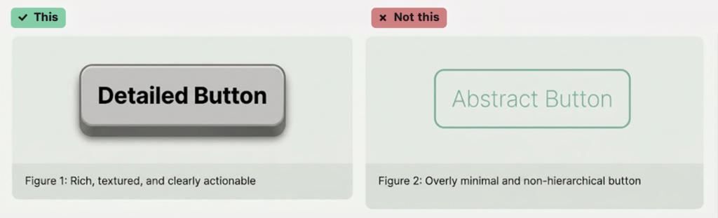 Two buttons are displayed side by side. The left button is bold, three-dimensional, and labeled Detailed Button (marked as correct). The right button is thin, minimal, and labeled Abstract Button (marked as incorrect).