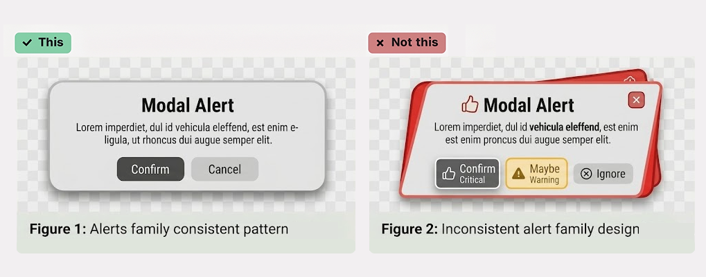 Two modal alert boxes compare design styles. The left box is simple and grey with Confirm and Cancel buttons, marked as correct. The right box is red, angled, with three buttons, marked as incorrect for inconsistent design.