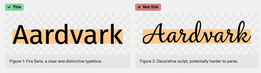 Two examples of the word Aardvark in different fonts: left shows a clear sans-serif typeface labeled This; right shows a decorative script labeled Not this.