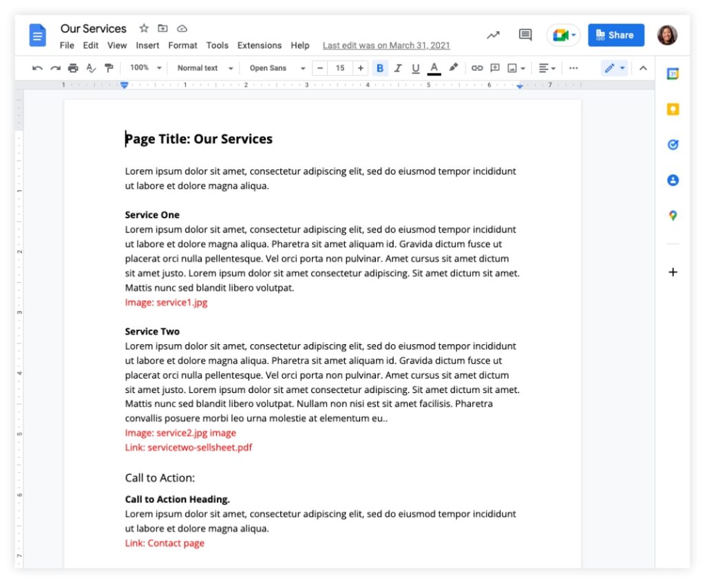 Example of page content in Google Docs