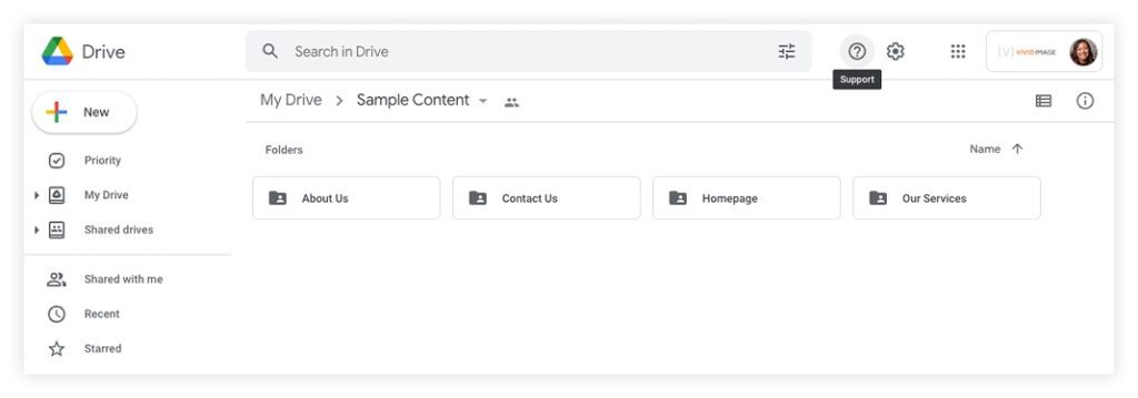 Example of Google Drive folder structure for sending content