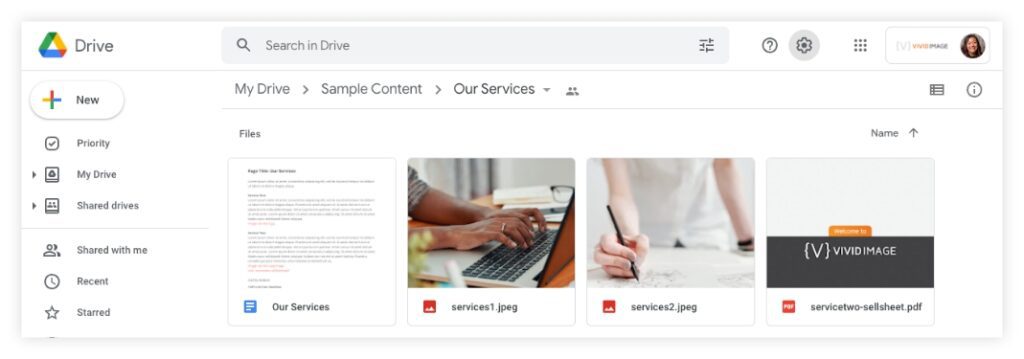 Example of content inside a page folder within Google Drive