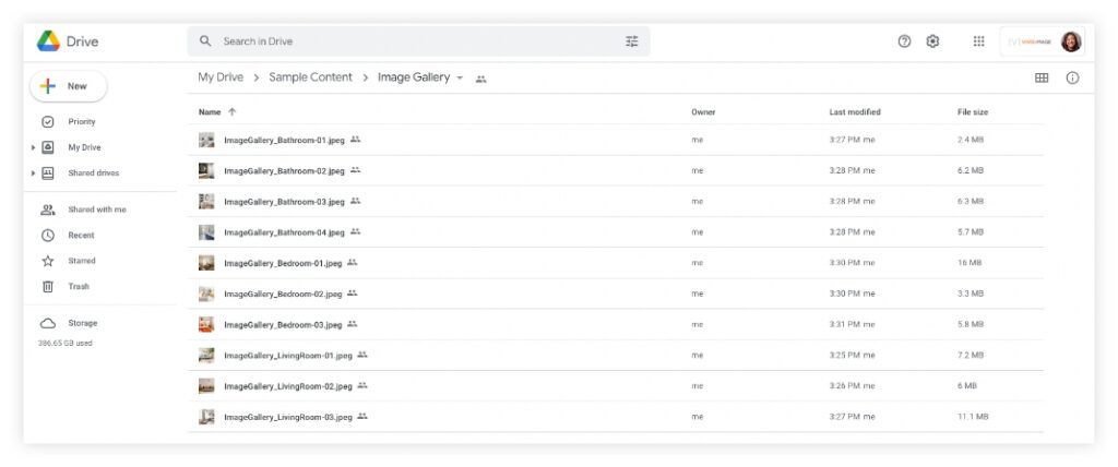 Organized images in Google Drive folder: Images as own file, named to match appropriate gallery