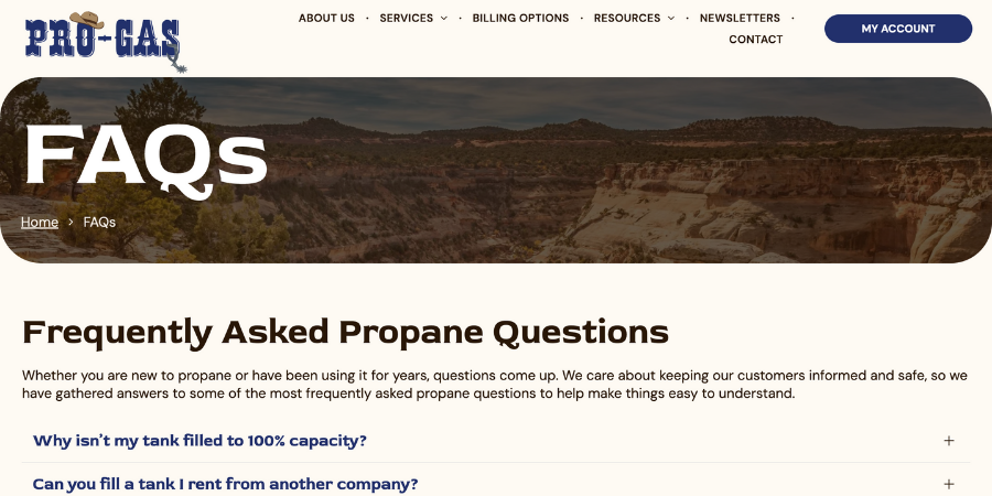 Screenshot of the Pro-Gas website’s FAQ page, showing the Pro-Gas logo, navigation menu, a large “FAQs” heading, and a section titled “Frequently Asked Propane Questions” with an explanation and a question list.