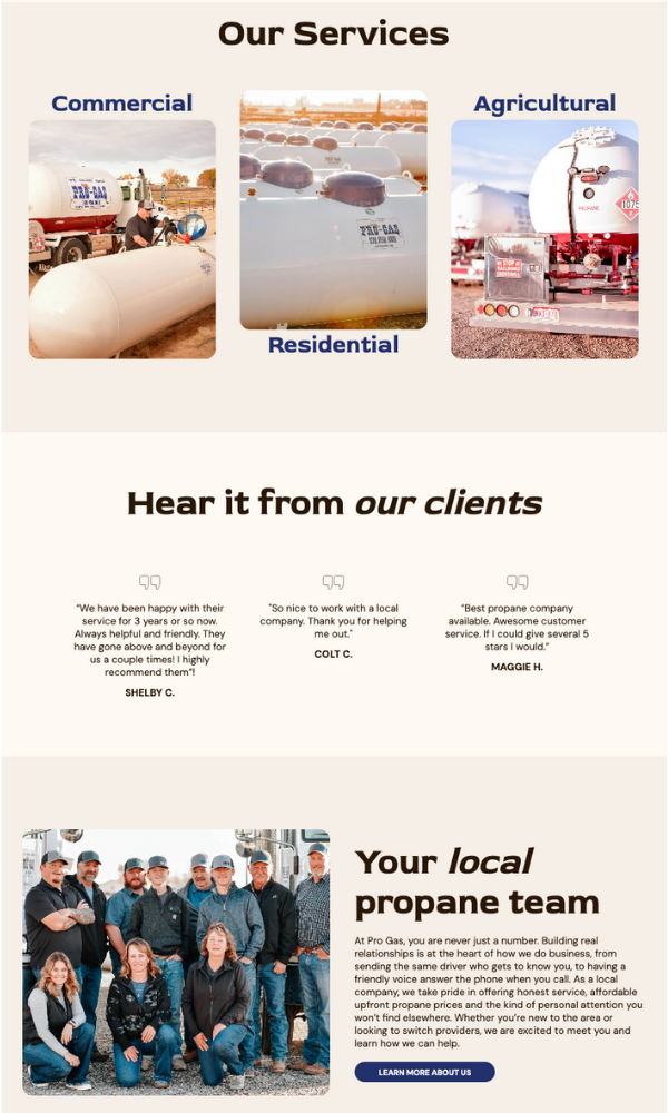 A webpage section titled Our Services with three labeled images: Commercial, Residential, and Agricultural propane tanks. Below are client testimonials and a group photo of a propane team with a brief company introduction.
