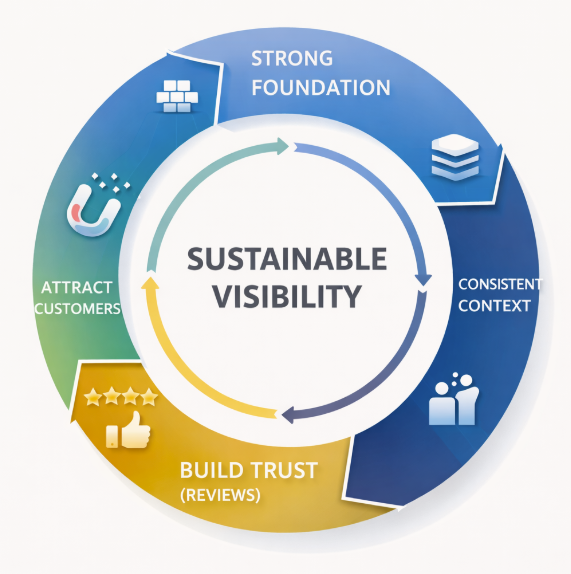A circular diagram titled Sustainable Visibility with four sections: Strong Foundation, Consistent Context, Build Trust (Reviews), and Attract Customers, each with relevant icons and arrows forming a cycle.