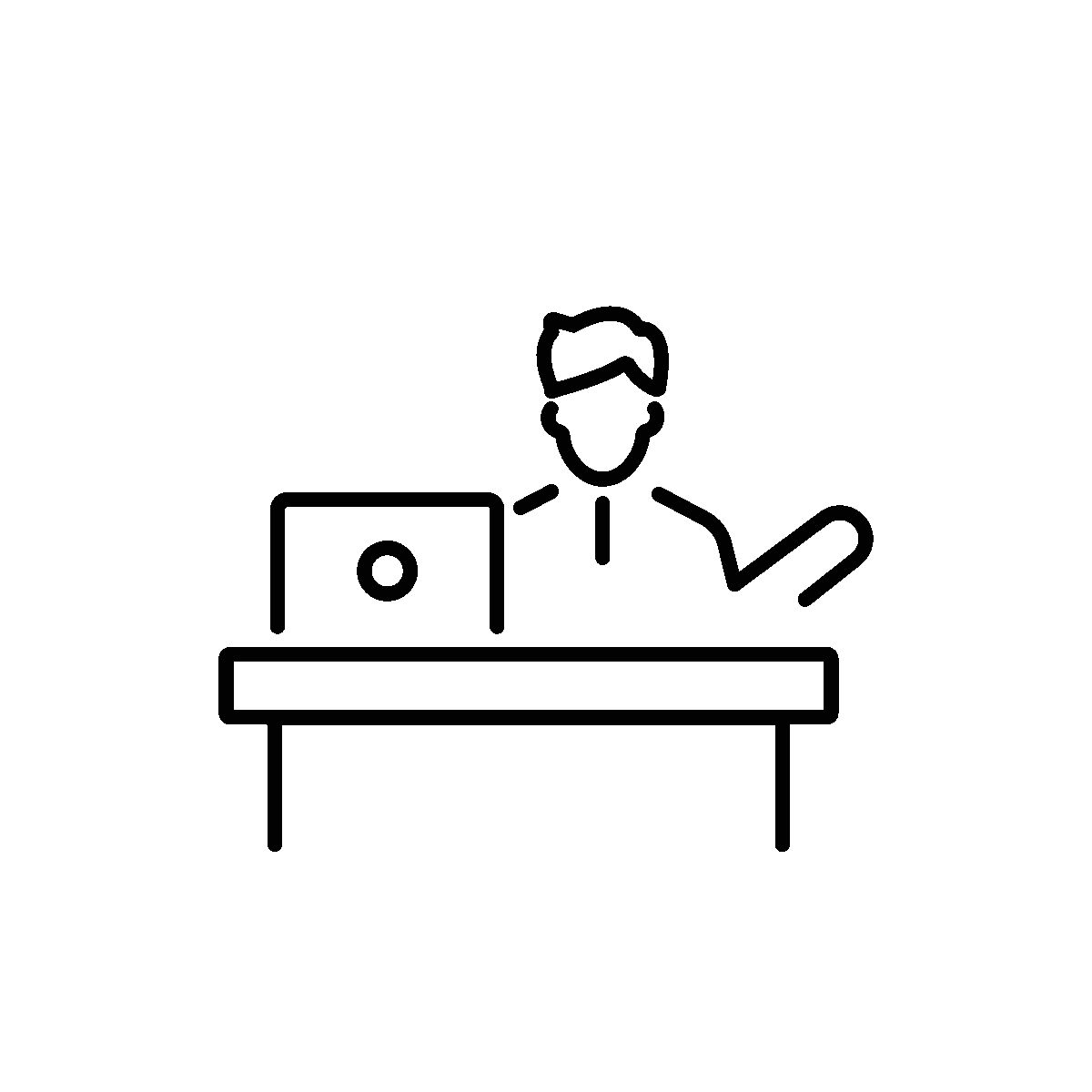 A simple line drawing of a person sitting at a desk with a laptop, raising one hand, on a green background.