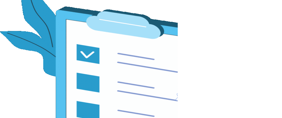 A blue clipboard with a checklist, featuring one checked box and two unchecked boxes, with stylized leaves in the background on a green backdrop.
