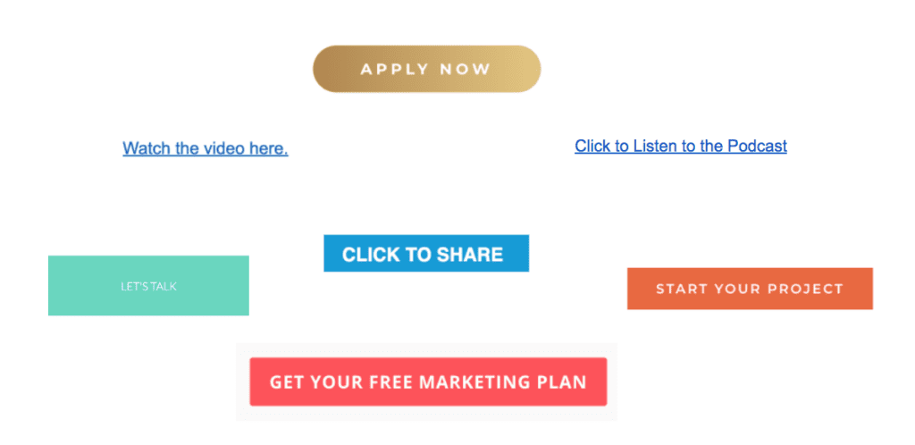 A webpage featuring buttons labeled Apply Now, Lets Talk, Click to Share, Start Your Project, and Get Your Free Marketing Plan, with links for a video and a podcast at the top.