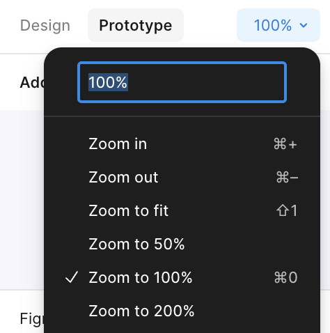 A dropdown menu titled 100% displays zoom options: Zoom in, Zoom out, Zoom to fit, Zoom to 50%, Zoom to 100% (selected), and Zoom to 200%. The Prototype tab is active above the menu.
