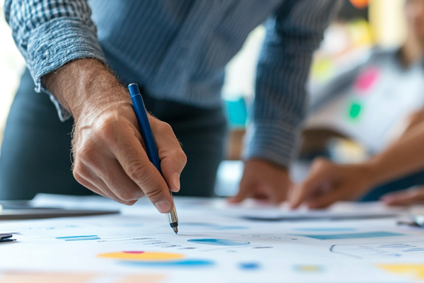 Close-up of a person’s hand holding a pen and pointing at documents with charts and graphs on a desk, suggesting a business meeting or discussion. Another person’s arm is visible in the background.