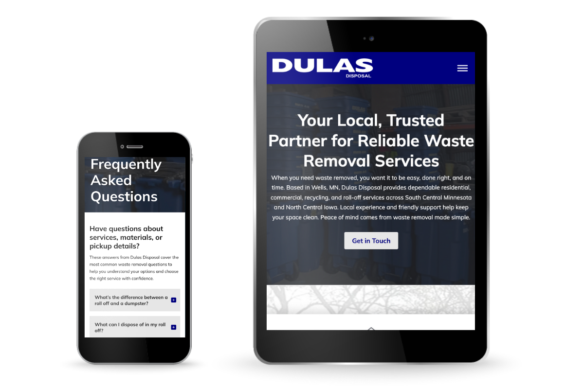 A smartphone and a tablet display the Dulas Disposal website. The tablet shows the homepage with a headline about reliable waste removal, while the phone shows a FAQ section with questions about services and materials.