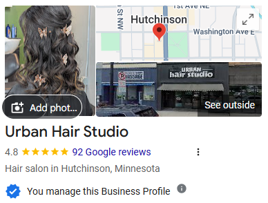 Screenshot of a Google business listing for Urban Hair Studio in Hutchinson, Minnesota, showing a map, salon storefront, and a woman’s styled hair with butterfly clips. Claim Google Business Profile and see 92 reviews with a 4.8-star rating.