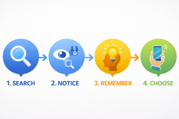 Four colorful circles with icons and text: 1. SEARCH (magnifying glass), 2. NOTICE (eye and magnifier), 3. REMEMBER (hand holding glowing lightbulb), 4. CHOOSE (hand holding smartphone). Arrows connect each step.