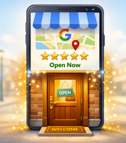 A smartphone displays a storefront with a door, OPEN sign, welcome mat, and five stars. Above is a map with a Google location pin, and the words Open Now. The scene sparkles, blending digital and real-world elements.