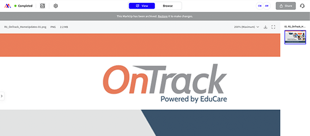 Screenshot of a webpage showing a logo with the words OnTrack Powered by EduCare in grey and orange text. Navigation and sharing options appear at the top of the screen.