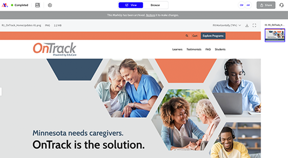 Screenshot of a website for OnTrack, featuring diverse people interacting—a nurse with an older woman, a woman using a laptop, and a smiling man. The text reads: Minnesota needs caregivers. OnTrack is the solution.