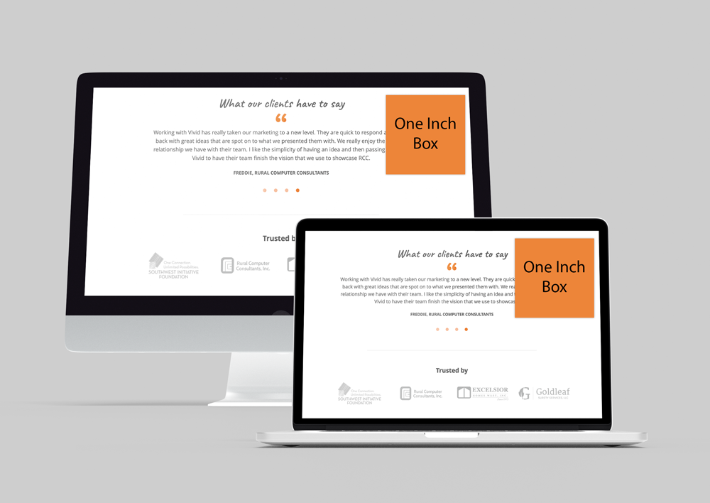 Two computer screens—a desktop and a laptop—display the same website testimonial page with a large orange box labeled One Inch Box covering part of the text on both screens.