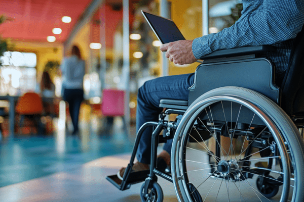 A person in a wheelchair holding a tablet sits in a brightly lit modern office space with glass walls and plants, reviewing Better AI Rankings. Another person is walking away in the background.