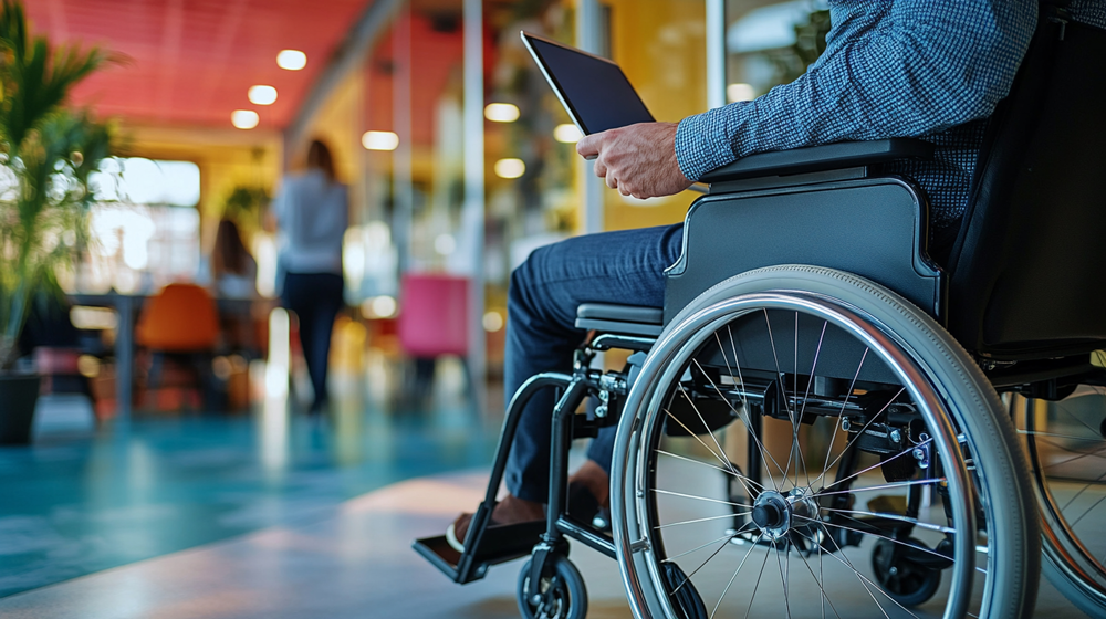 A person in a wheelchair holding a tablet sits in a brightly lit modern office space with glass walls and plants, reviewing Better AI Rankings. Another person is walking away in the background.