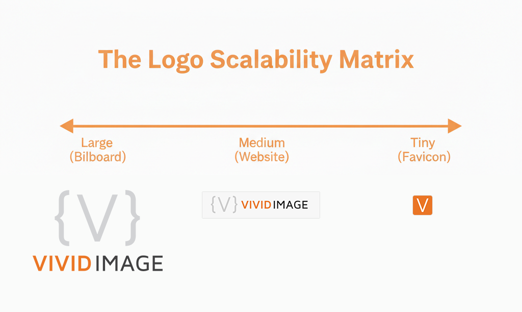A diagram titled The Logo Scalability Matrix shows a horizontal arrow labeled from Large (Billboard) to Medium (Website) to Tiny (Favicon), with corresponding logo versions below each scale.
