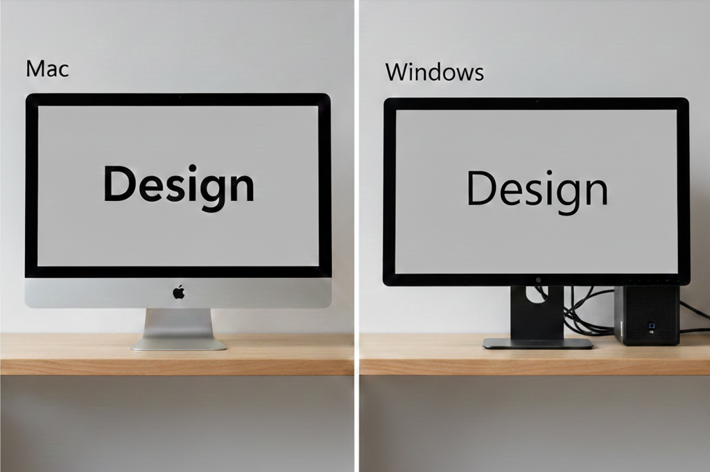 Two computer monitors sit side by side on a wooden desk. The left monitor, labeled Mac, displays the word Design. The right monitor, labeled Windows, shows the same word. Both screens have a simple, minimal background.