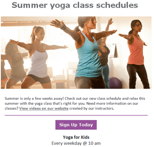 A group of women in workout clothes practice yoga in a bright studio. Text above promotes summer yoga class schedules, with a Sign Up Today button and information about a Yoga for Kids class every weekday at 10 am.