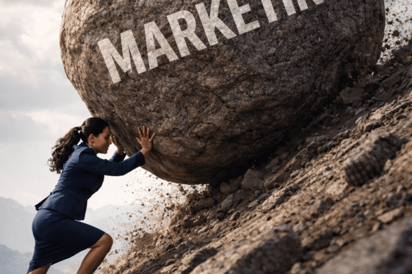 marketing effort symbolized by boulder pushed uphill