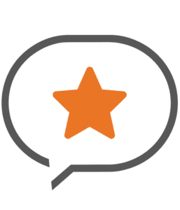 A gray speech bubble outline containing an orange five-pointed star in the center, on a light gray background.