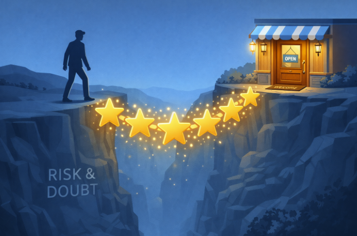 A person stands on the edge of a cliff labeled “Risk & Doubt,” facing a shop across the gap. A glowing bridge made of five stars connects the cliffs, symbolizing trust or positive reviews.