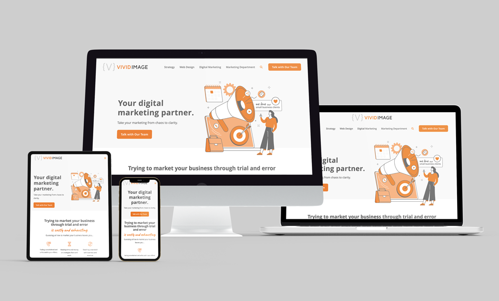 Four devices (desktop, laptop, tablet, and smartphone) display the same website for Vivid Image, a digital marketing partner, featuring orange and white colors and an illustration of people with digital marketing icons.