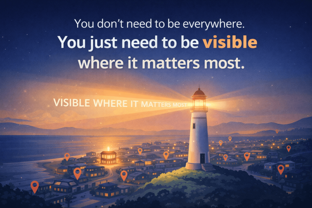 A lighthouse shines over a coastal town at night, highlighting houses marked with location pins. Text reads: You just need to be visible where it matters most