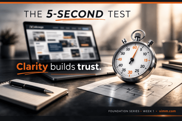 A desk with a laptop displaying a website, a notebook, pen, pencil, stopwatch, and paper sketches. Text reads: The 5-Second Test. Clarity builds trust. Foundation Series • Week 1 • vimm.com.